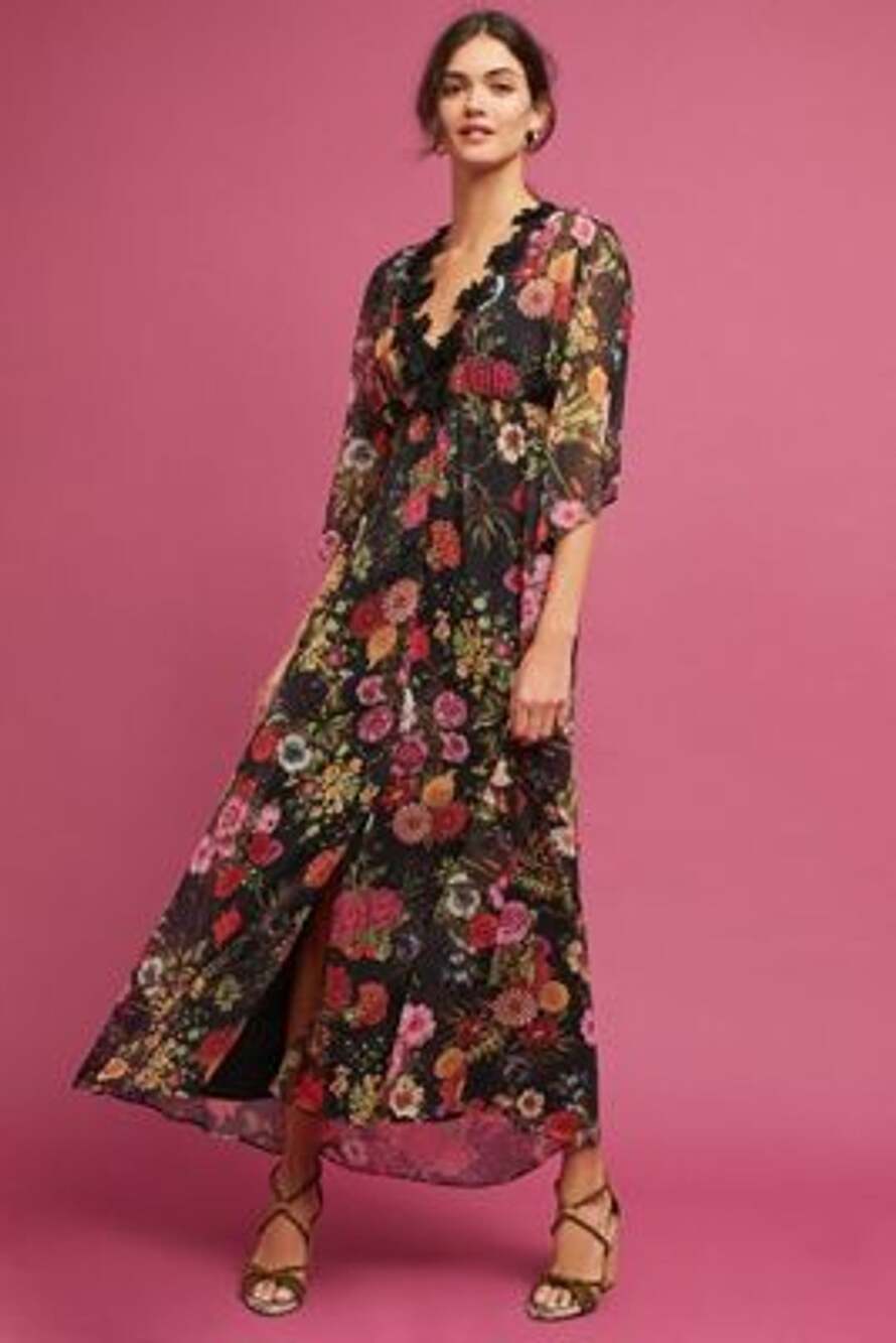 FARM Rio Laina Floral Maxi Dress Size S Black Chiffon